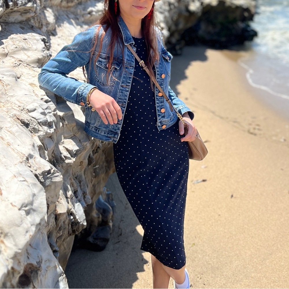 H&M navy blue body-con white polkadot dress